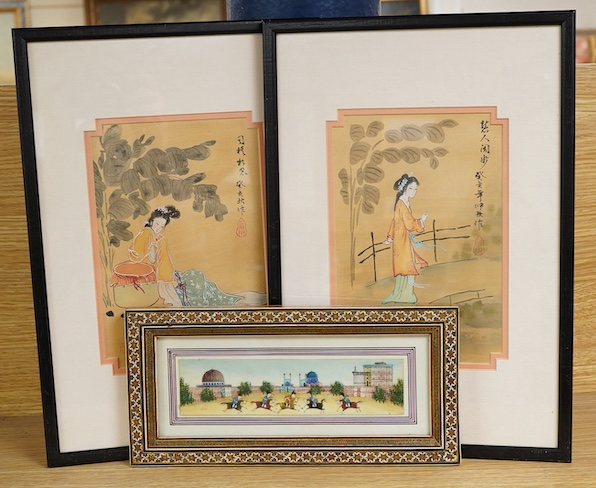 Contemporary, Chinese School, Figural studies, each signed with character marks and red seal marks, pair of watercolours, together with an Indian School watercolour, Figures on horseback in a courtyard, housed in a vizag